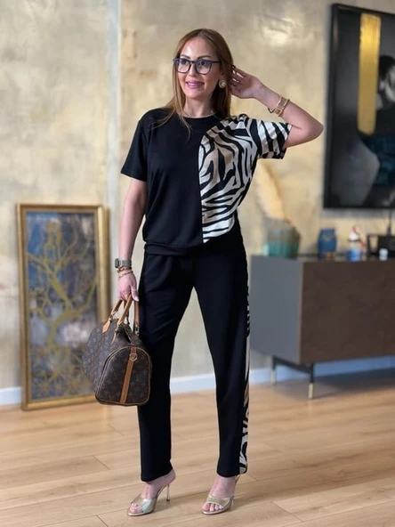 Kadın Bisiklet Yaka Kısa Kol Leopar Desen Bluz Ve Pantolon Ikili Takım - Resim 3