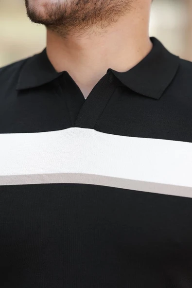 Erkek şerit Desenli Hemşire Yaka Kısa Kollu Tişört - Resim 3