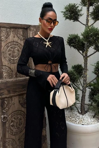 Göğüs Bağcık Detaylı Ajurlu Bluz Pantolon Takım 10098 - Resim 2