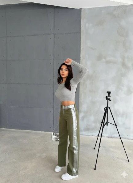 GABARDİN PALAZZO PANTOLON - Haki - Resim 5