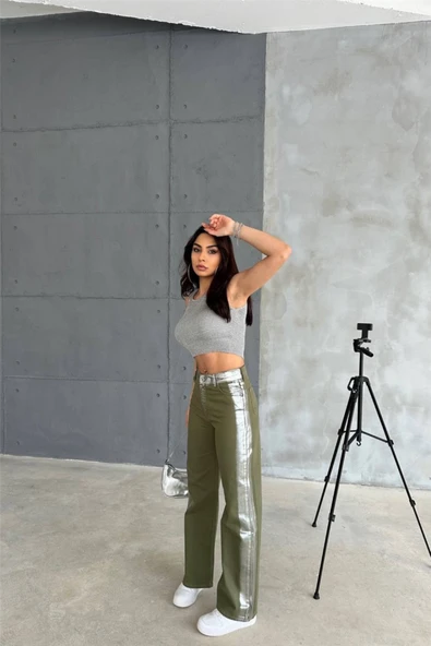 GABARDİN PALAZZO PANTOLON - Haki - Resim 2