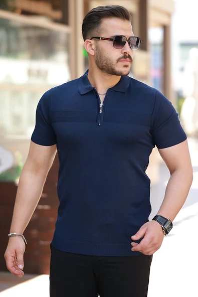 Erkek Göğüs Pirinç Desenli Fermuar Yakalı Kısa Kollu Tişört ürün görseli 1