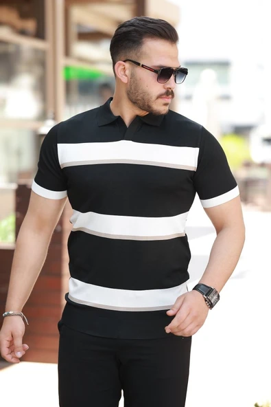 Erkek şerit Desenli Hemşire Yaka Kısa Kollu Tişört ürün görseli 1