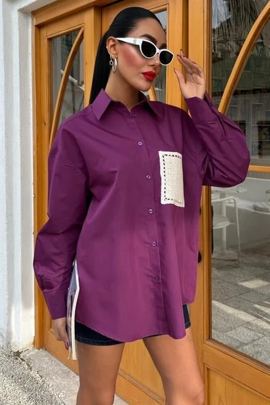 Süzine Cepli Arkası Yırtmaçlı Oversize Gömlek 3420 - Resim 5