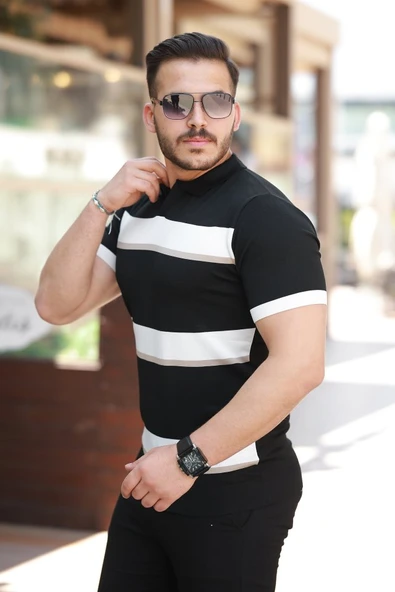 Erkek şerit Desenli Hemşire Yaka Kısa Kollu Tişört - Resim 2