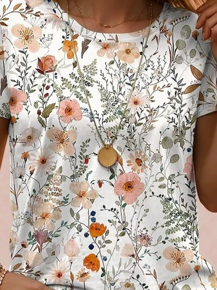 Kadın Kısa Kollu Bisiklet Yaka çiçek Desenli Viskon Bluz - Resim 2