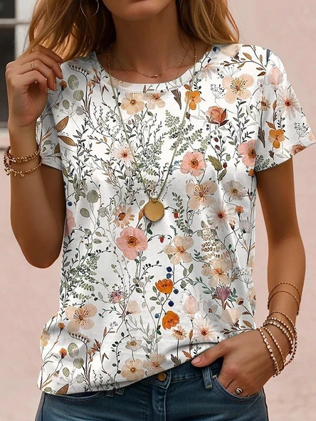 Kadın Kısa Kollu Bisiklet Yaka çiçek Desenli Viskon Bluz - Resim 3