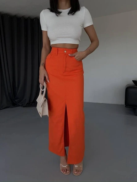 GABARDİN UZUN ÖNDEN YIRTMAÇLI ETEK - Turuncu - Resim 2