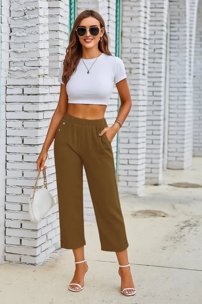 Kadın Beli Lastikli Düğme Ve Cep Detaylı Kapri Ithal Keten Pantolon - Resim 2