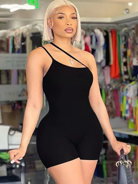 Kadın Asimetrik Askılı Mini Kaşkorse Bodycon Tulum - Resim 6