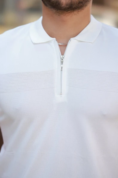 Erkek Göğüs Pirinç Desenli Fermuar Yakalı Kısa Kollu Tişört - Resim 3