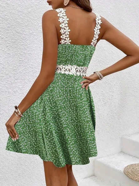 Kadın Askılı Dantel Yakalı çiçek Desenli Süprem Elbise - Resim 2