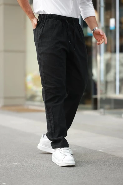 Erkek Beli Lastikli Keten Rahat Pantolon - Resim 2