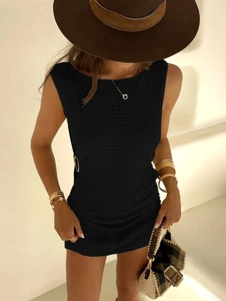 Kadın Sıfır Kol Yanlardan Halka Toka Detaylı Triko Plaj Elbisesi - Resim 2