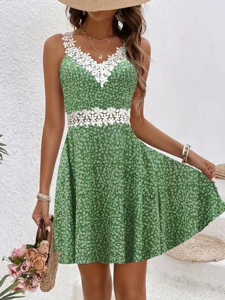 Kadın Askılı Dantel Yakalı çiçek Desenli Süprem Elbise ürün görseli 1