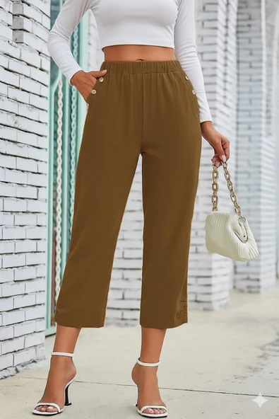 Kadın Beli Lastikli Düğme Ve Cep Detaylı Kapri Ithal Keten Pantolon - Resim 7