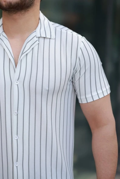 Erkek Kısa Kollu Gri çizgi Desenli örme Kumaş Pamuklu Gömlek - Resim 3