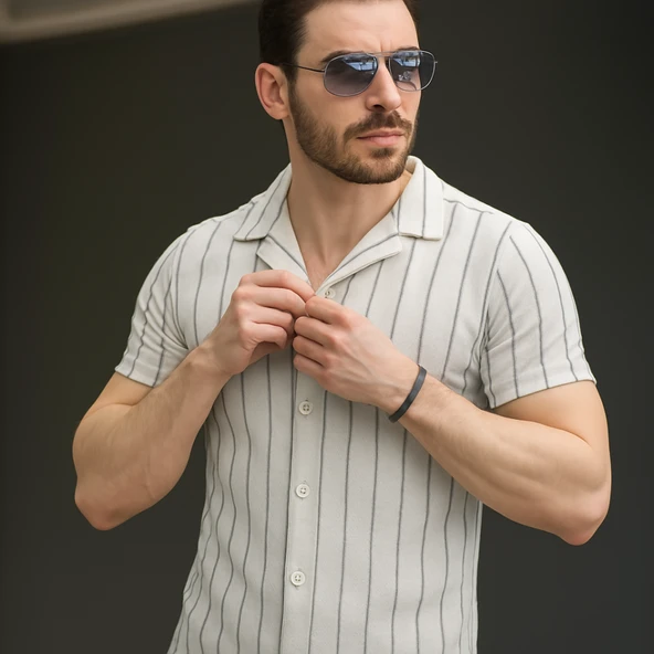 Erkek Kısa Kollu Gri çizgi Desenli örme Kumaş Pamuklu Gömlek - Resim 2