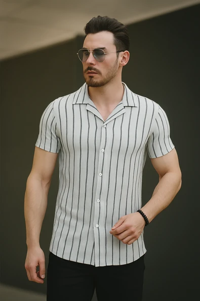 Erkek Kısa Kollu Gri çizgi Desenli örme Kumaş Pamuklu Gömlek ürün görseli 1