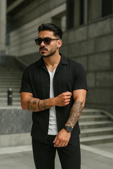 Erkek Kısa Kollu örme Kumaş Pamuklu Gömlek - Resim 2