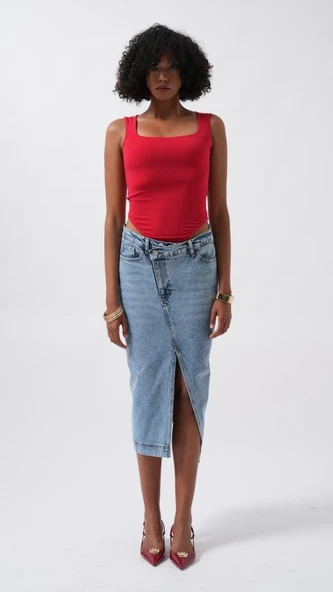 Kare Yaka Kalın Askılı Bodysuit - Resim 2