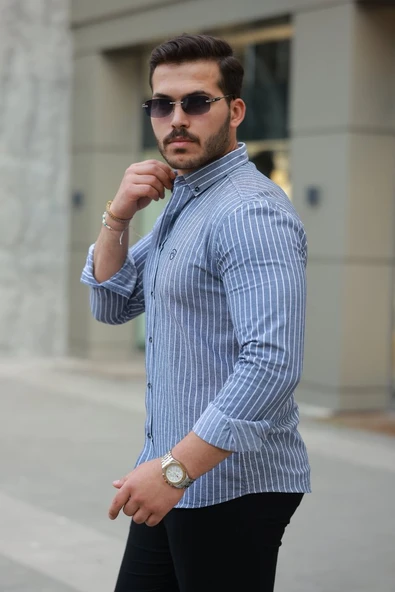 Erkek çizgili Uzun Kollu Gömlek - Resim 2