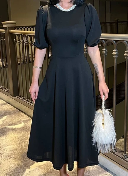 Kadın Bisiklet Yaka Kısa Kol Lastik Detay Uzun Elbise ürün görseli 1