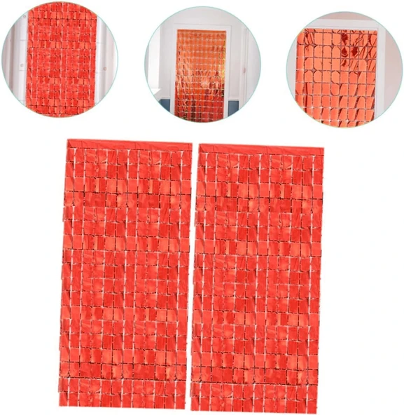 Ekstra Metalize Kırmızı Renk Disko Dikdörtgen Kesim Kapı Perdesi Dekorasyon 1x2 Metre - 3