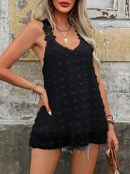 Kadın Dantel Askılı V Yakalı Sırtı çapraz Detaylı Ponpon Bluz - Resim 2