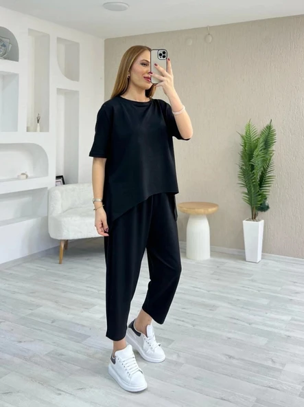 Kadın Kısa Kollu Bisiklet Yaka Viskon Iki Iplik Bluz Ve Pantolon Ikili Takım - Resim 2