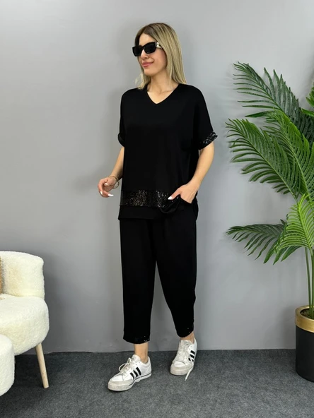 Kadın Kısa Kollu V Yakalı Pul Payetli Viskon Iki Iplik Bluz Ve Pantolon Ikili Takım - Resim 7