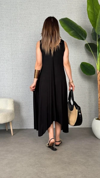 Kadın çan Dokuma Kumaş V Yaka Asimetrik Kesim Elbise - Resim 3