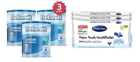 Bebevit 4 Bebek Devam Sütü 400 gr 3 ADET + Bübchen Baby Yenidoğan Islak Mendil Aqua Touch 3x48li