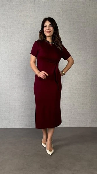 Kadın Kısa Kollu Bisiklet Yaka Yandan Bağlamalı Viskon Iki Iplik Elbise - Resim 8