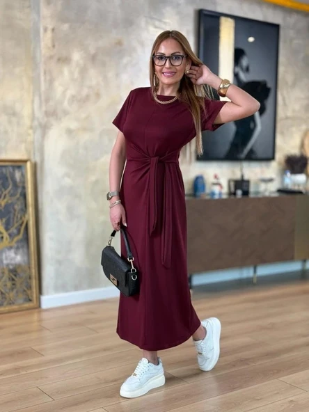 Kadın Kısa Kollu Bisiklet Yaka Yandan Bağlamalı Viskon Iki Iplik Elbise ürün görseli 1