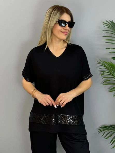 Kadın Kısa Kollu V Yakalı Pul Payetli Viskon Iki Iplik Bluz Ve Pantolon Ikili Takım - Resim 5