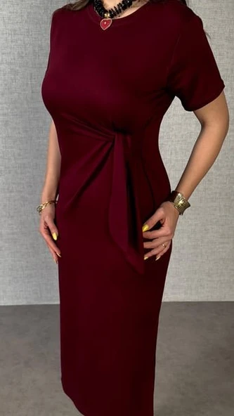 Kadın Kısa Kollu Bisiklet Yaka Yandan Bağlamalı Viskon Iki Iplik Elbise - Resim 11