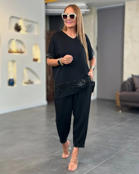 Kadın Kısa Kollu V Yakalı Pul Payetli Viskon Iki Iplik Bluz Ve Pantolon Ikili Takım - Resim 3