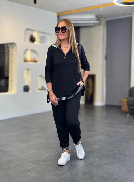 Kadın Uzun Kollu Ribana Ve Fermuar Detay Bluz Ve Yüksel Bel Pantolon 2li Takım - Resim 6