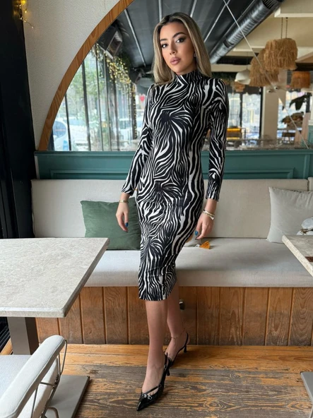 Kadın Zebra Desen Süet Kumaş Fırsat ürün Midi Boy Elbise - Resim 2