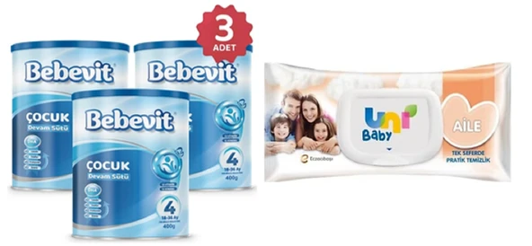Bebevit 4 Bebek Devam Sütü 400 gr 3 ADET + Uni Baby Aile Islak Mendil 90 Lı 1 ADET