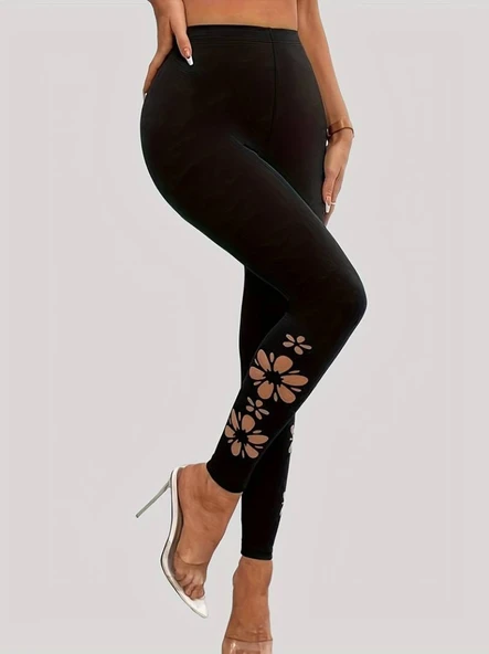 Kadın Yanları Lazer çiçek Kesim Yüksek Bel Dalgıç Tayt - Resim 6