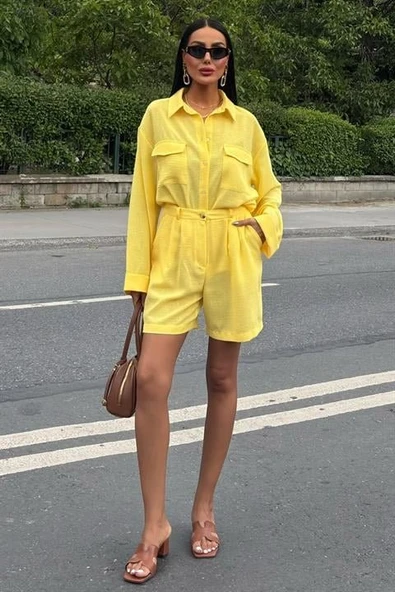 Gömlek Ve Şort Flamlı Keten Takım 10130 - Resim 5