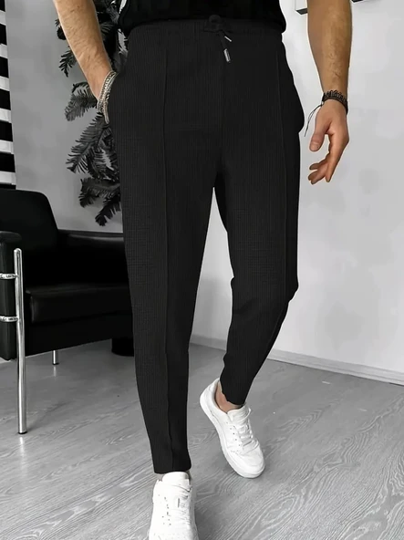 Erkek Yüksek Bel önden Bağcıklı Cepli Waffle Pantolon - Resim 3