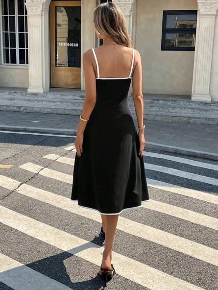 Kadın Ip Askılı Geniş V Yakalı Midi Janjan Krep Elbise - Resim 4