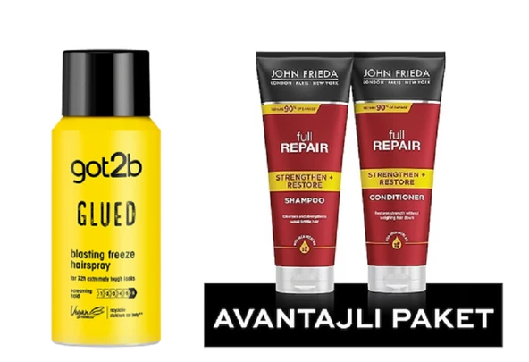 Schwarzkop Got2B Glued Seyahat Saç Spreyi 100ML+John Frieda Onarıcı Saç Şampuanı+Saç Kremi SET