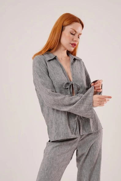 Ön Bağlama Detaylı Pantolon Ve Gömlek Antrasit İkili Takım - Resim 4