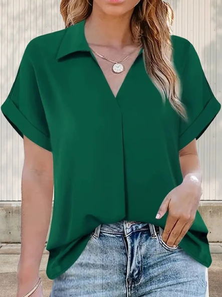 Kadın Kısa Kollu Yakalı Uzun Sandy Bluz ürün görseli 1