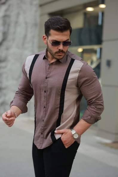 Erkek şerit Detaylı Uzun Kollu Pamuklu Keten Gömlek ürün görseli 1