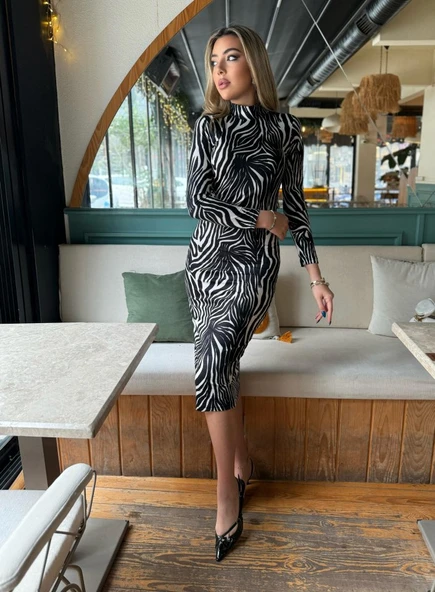 Kadın Zebra Desen Süet Kumaş Fırsat ürün Midi Boy Elbise - Resim 4